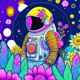 "floral astronaut" hand-drawn digital art, flowers everywhere, colorful garden, beautiful galaxy, REALISTIC, anime, 4k, high resolution, full details, 2560x1600