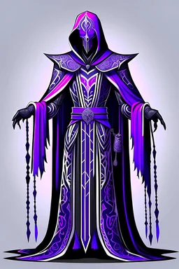 warlock, mask, robe, black with purple patterns, tall, ominous