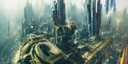 Art by John Berkey and John Harris, lush Cenral Park in the middle of high rise buildings, futuristic city, trending on Artstation, bird's eye view, extremely hyperdetailed, epic composition, cinematic lightning + masterpiece, sharp focus, epic composition