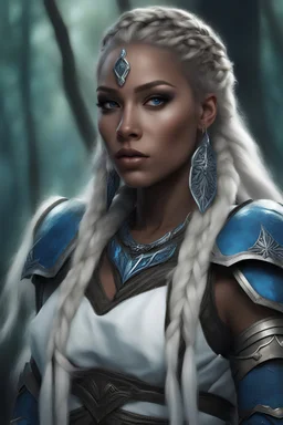 Fantasy art, woman amazone, white long hair with braids, beautiful woman,black skin, blue armor, forest background, white necklace, hide hands