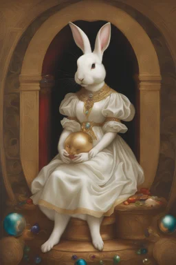 White rabbit cub nested, domindo, on the lap of the goddess, over shiny silk dress with precious stones