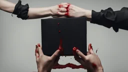 a woman's bloody hands holding up a black rectangular box