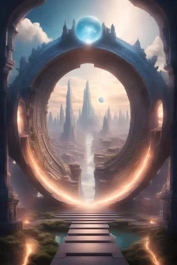 10 portals to different dimensions opening within each other coming from fantasy city, far away view