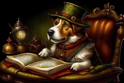 High resolution, brilliant color, steampunk dog, sitting reading a book.