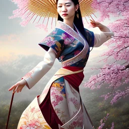 portrait of asian goddess wearing traditional kimono and holding bamboo umbrella, stunning, beautiful, gorgeous, cherry blossoms, realistic, photo illustrative, ornate, 8K resolution, high-quality, fine-detail, digital art, detailed matte, brian froud, howard lyon, selina french, anna dittmann, annie stokes, lisa parker, greg rutowski, alphonse mucha