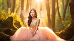 A gorgeous smiling Asian model in a fairy outfit in a magic forest with 1000 y/o trees, a small torrent, sun rays through the branches, particles in the air at dawn