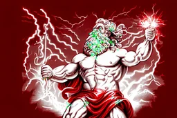 Detailed and realistic illustration of Greek god Zeus holding holding lightning. Vintage style illustration. Red and white lightning. Ultra high resolution.