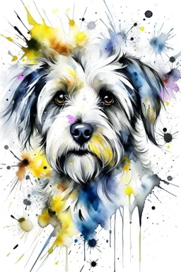 A portrait of a maltese terrier by Agnes Cecile, Willem Haenraets, loose watercolour, wet on wet and splattering and dripping techniques, centred, perfect composition, abstraction, grey and cream