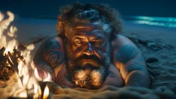 top view photography of a sicilian baywatcher burly sweat chubby 52 years old , swimwear, manly chest ,tattoo, curly hairs, beard, relaxing with open arms on the beach at midnight , illuminated by bonfire, photorealistic, 8k, Canon EOS, 35mm lens, , unreal engine, greg rutkowski, loish, rhads, beeple, makoto shinkai and lois van baarle, ilya kuvshinov, rossdraws, tom bagshaw, alphonse mucha, global illumination, detailed and intricate environment