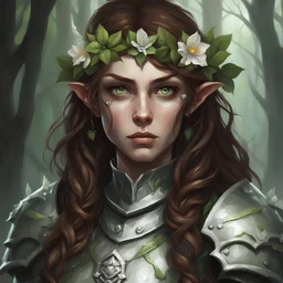 Generate a dungeons and dragons character portrait of a female forest elf cleric of death with beautiful brown hair and green eyes. She looks very gloomy and threatening. She wears a silverplate armor and a flower crown