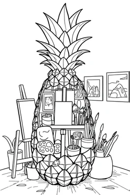 Pineapple Cozy Art Studio Coloring Page: A pineapple cross-section displaying an art studio. Features an easel, paint palettes, brushes, and artworks hung on the walls.