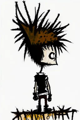 2d drawing of a stickman, cool with punk hair, x eyes like in hangman, view from back and slightly peeking behind, 3d realistic in colour