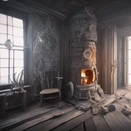 an viking fire place in old house, scary, zombie, steam punk, realistic, made in octane, cinematic, ultra-realistic, extremely detailed octane rendering, 8K, VRAY Super Real ar 2:3, dof photorealistic futuristic 50mm lens hard lighting dark gray tintype photograph, realistic lighting, sepia color