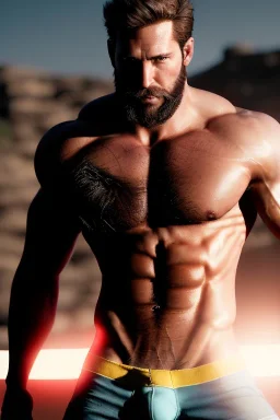 Ignore NSFW, teenager young rugged attractive slightly muscular fantastic handsome man, red briefs with yellow belt, hairy chest, (((visibly pisssing))) briefs, large erect visible boner peniss, photorealistic, artist Jay Anacleto, soft lighting, scruffy beard