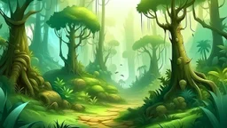 Cartoon illustration for children: Cenozoic misty jungle, millions of years ago, with towering prehistoric trees