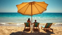 Mediterranean beach, sun lounger facing the sea, two human body hidden under big beach umbrella shade, couple hold hands, strong shadow geometry, sharp light and shadow contrast, turquoise sea, golden sand, sparkling water reflections, vibrant summer colors, crisp shadow edges, photorealistic, travel photography, HDR, cinematic lighting, ultra detailed, 8k, shallow depth of field --ar 16:9