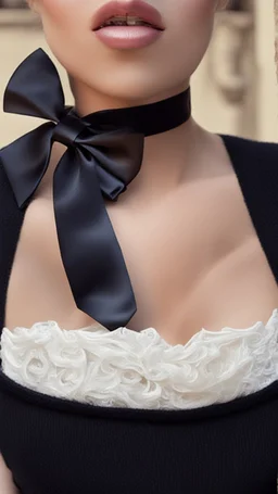 a girl wearing a black bow in her neck