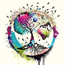 Create an illustration of a blossoming tree with roots firmly grounded in fertile soil, surrounded by symbols of creativity such as paint splatters, musical notes, and geometric patterns. Incorporate the image of a globe or Earth in the background, signifying the global impact of promoting creativity, authenticity, and environmental consciousness.