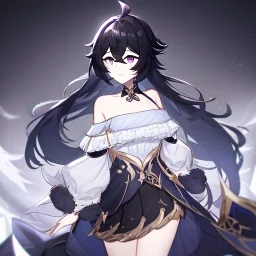 Clear focus, High resolution, rough line sketch art, long black hair, hair between eyes, fluffy hair, purple eyes, wearing a off shoulder shirt, no spaghetti strapes, dark aura, 1girl, wearing a skirt, genshin impact, genshin impact style outfit, (detailed outfit), (Lots of ribbons and flowers on outfit)