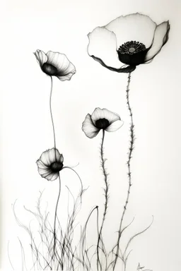 Minimalist ink pencil and charcoal drawing of poppies