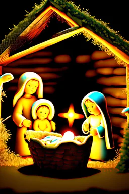 Christmas crèche. Baby Jesus in the sheep manger. Joseph and Mary are standing around and the shepherds bow their heads before them. High quality image in 8K