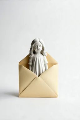 Sculpture en enveloppes, petite fille aux cheveux longs, fond blanc