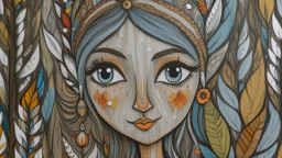 a close up of a painting of a woman's face, naive art, woodland, gray anthropomorphic, elf girl wearing an flower suit, aztec princess portrait, on wood, nika maisuradze, gardening, trending on devian art, childhood, freezing, abstract face, delightful