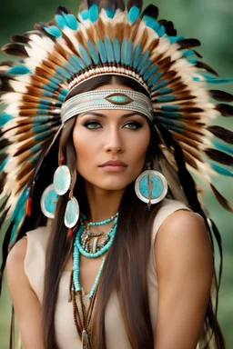 Beautiful Native American woman with long flowing hair wearing a Native American head-dress, turquoise jewelry