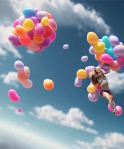 Ultra realistic speed clouds sky scene, wide angle view, sweet women falling down, inflatable color clothing, free jumping flying, many trinkets, hair monster. Clouds sea, many jelly beans, balls, color smoke, smile, happy, circus style, extreme, wind, 20,000 feet altitude, stratosphere, soft color, highly detailed, unreal engine 5, ray tracing, RTX, lumen lighting, ultra detail, volumetric lighting, 3d, finely drawn, high definition, high resolution.