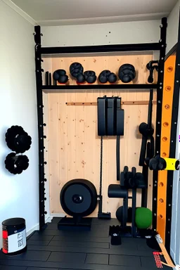 Home gym, wall with a kabinet with weights and small gym equipment. The other side a plyo box and wall balls. In between the plyo box and kabinet a folded weightlifting bench.