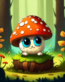 A cute mushroom is sitting on a tree stump in the forest, It has big, glassy eyes that are sad and full of sorrow, Its body is brown, and its hat is white with black dots, The background is a forest with trees, bushes, and flowers, Use bright and vibrant colors to create a fun and cute effect, Add simple patterns and shapes to create an easy-to-color image,Use cute and creative details to add personality