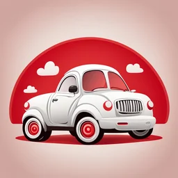 Image of a smiling white children's car appearing as a logo with a red background style cartoon