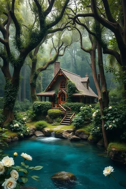 fabulous big magical beautiful a camp house among relict trees, tropical forest in some places covered with ivy, beautiful white roses, around blue beautiful river fantasy, photo