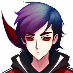 anime discord profile picture of man with short black hair with red streaks, with purple dragon horns on top of his head, looking mischievous