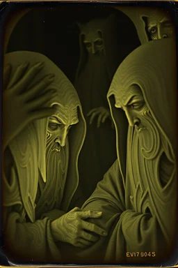 Daguerrotype close up some mysterious figures, odd background, Hieronymus Bosch, ambient light, by Minicavio Quollati and Marlost Endgulp, Amano, Botticelli, Alphonse Mucha