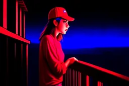 woman with a red baseball hat. leaning on a wooden balcony. night time. fantasy. surrealistic, anime