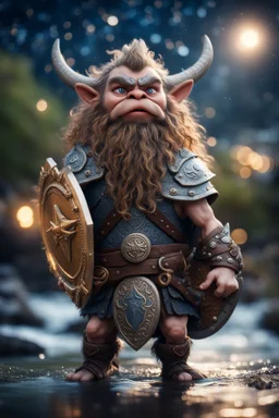 epic elven gremlin viking with wild hair and big holy ornamented shield Under stjerners gnist Vi går som ett, vår tro et løfte ,bokeh like f/0.8, tilt-shift lens 8k, high detail, smooth render, down-light, unreal engine, prize winning