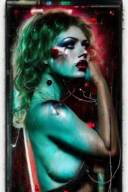 Ultra detailed medium portrait painting of a half naked woman posing in a shop window like a maniquin , a string of Christmas tree lights drapped around her, no nudity, smudged makeup, showlights and in a otherwise dark room, torn up collage of empty promises , broken circuitry background, matrix effects, punk visual art, punk art aesthetic, graffiti art, pop surrealism, collage art, cluttered paint glitches