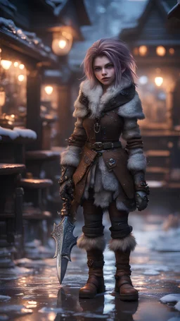 wearable tech, ducks mane,moon, fluffy boots, full figure with metallic stone gauntlets holding dark jagged dagger, standing on frozen wet tiled floor outside fantasy tavern, focused female brownie vampire gnome from worms armageddon wearing makeup, bokeh like f/0.8, tilt-shift lens 8k, high detail, smooth render, down-light, unreal engine, prize winning