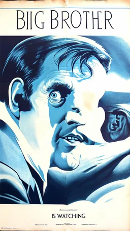 an old poster with the words"BIG BROTHER"(across top), the staring face of a man(middle, facing viewer), text "IS WATCHING"(across bottom), wwii era propaganda black and white printed poster on old paper