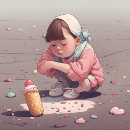 Little girl who has dropped an ice cream cone on ground and is looking at it sadly, by FriendsWithYou, artistic, profound, dramatic, digital illustration