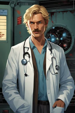 The Doctor is a little over six foot tall, in his mid thirties, with blond hair and pale blue eyes. He has attractive features with a strong jaw line. His blond hair has a slight disheveled look, and he has a well maintained thick blond mustache. He generally wears a white doctors lab coat with a bit of blood splattered at the bottom edges. Under his doctors lab coat he usually wears a Hawaiian flowery shirt. When not in surgery, photorealistic