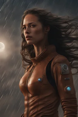science fiction scene like fantasy on mars 35 years old woman long hair ultrarealistic wet skin raining, tattos photorealistic, wind is blowing, tanned skin collarbones, skinny, space ship behind, all looks like poster from 2020, women looks like model, wearing over-knee-sockets