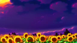 purple sky full of stars, sunflower field, anime, high res, makoto shinkai