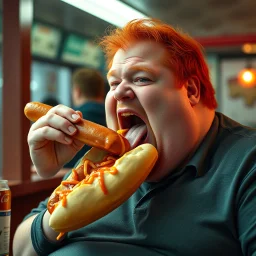 fat man with red hair eating a big hot dog, realistic photo, big mouth open, "Karlsson på taket" vibes