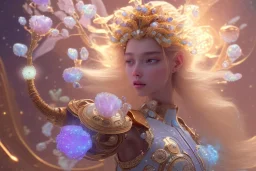 very beautiful cosmic crystal and gold subtle goddess in a galactic ambiance, transparent petals, delicate colors, in the foreground, full of details, smooth, bright sunshine，soft light atmosphere, light effect，vaporwave colorful, concept art, smooth, extremely sharp detail, finely tuned detail, ultra high definition, 8 k, unreal engine 5, ultra sharp focus