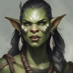 dnd, portrait of female half-orc druid, add tusks from her bottom jaw