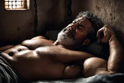 close photography of a sweat dirty marocan prisoner in cell sleeping lying down on a bed , manly chest, muscular hairy shirtless, muscular strong chubby 56 years old, low lights, ajar mouth, short beard, misery and poverty, dim light enters from a skylight above, lights from above, photorealistic, ambient occlusion, aerial view