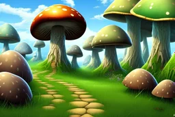 A great big mushroom forest with a stone path going through it.