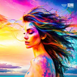 piece of album art with a women fusion with light, abstract experimental style album cover, high level of noise and subtle texture, psychedelic cover, sky, light and clouds.